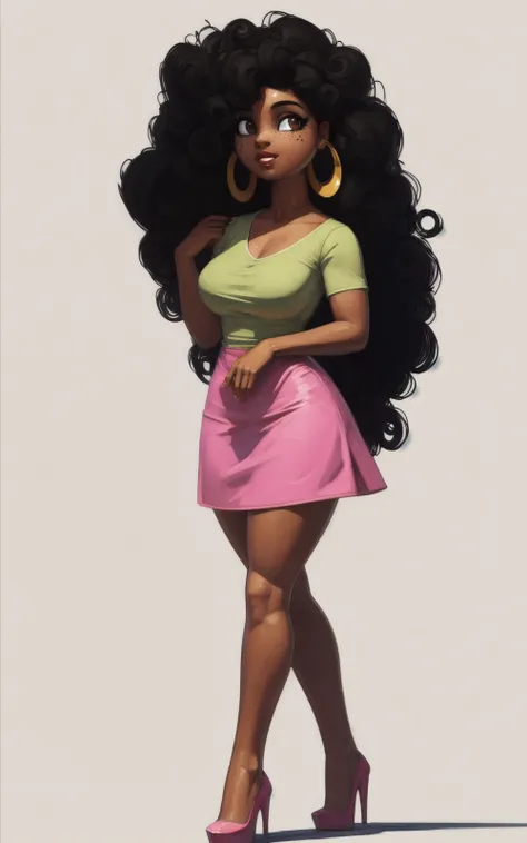 8k,4k,((Best quality, masterpiece, ultra high resolution)),((full body, by pixelsketcher)),     <lora:MariaRivera:0.8>,MariaRivera,freckles, long hair, black hair,dark skin, dark-skinned female, curly hair, big hair, hoop earrings,high heels,green shirt, p...