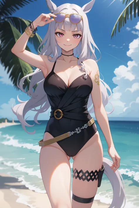 masterpiece, best quality, highres, gsuma, pink eye, eyewear on head, swimsuit, black one-piece swimsuit, bracelet, yellow tattoo, tail, horse tail, thigh strap, beach, smile, closed mouth, cowboy shot<lora:GoldShipSwimsuit-10:0.9>