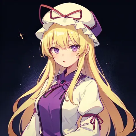 1girl hat solo long-hair blonde-hair purple-eyes long-sleeves mob-cap ribbon upper-body tabard hat-ribbon red-ribbon yakumo-yukari