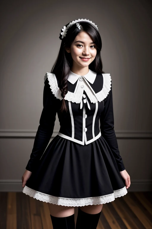 ((Masterpiece, best quality, cinematic lighting, 8k, full body shot, long hair)), (smile:0.85), (realistic background)
<lora:Black_Maid_By_Stable_Yogi:1> maid dress, long sleeves, black leggings, black boots, lace trim, maid headdress