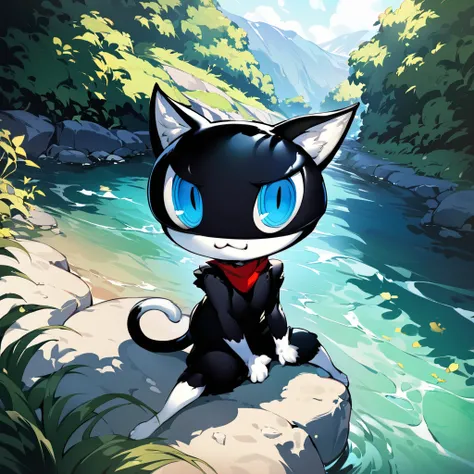 morgana_(persona_5), sitting by river, masterpiece, best quality, uhd, 8k, <lora:persona_style_xl-000040:1>