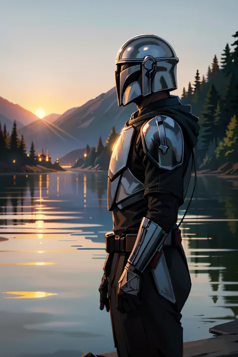 ((ultra detailed, masterpiece, absurdres))
 <lora:StarWMandalorian:0.9>
StarWMandalorian, 1boy, no face, helmet, Secluded Lakeside Pier with Reflections at Dusk