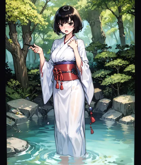 masterpiece, high res, detailed face, detailed eyes, anime screencap, 1 girl, ((white yukata)), solo, standing, angry, blushing, ((covering her chest)), open mouth black hair, short hair, black eyes, , wet clothes, submerged, beads, japanese rosary, full b...