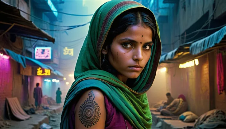 android afghan girl photography by Steve McCurry in cyberpunk style,cyberpunk urban scenery,150mm,dlrs,robotic parts,beautiful neon soft light,bioluminescent tattoos,vibrant details,explicit soft mist,beautiful masterwork by head of prompt engineering