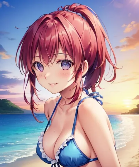 portrait, (adult woman), (1girl, solo), (looking at viewer), ((blue bikini)), smile, teeth, blushing, (red hair, ponytail), (violet eyes), ((beach, island, tropical paradise)), ((sunset, purple sky), best quality, high detail), ((masterpiece)), <lora:1_mik...