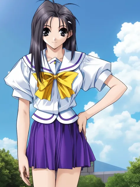 <lora:Hikawa_Naori:1>, HikawaNaori, 1girl, solo, school uniform, skirt, hand on hip, bow,  yellow bow,  pleated skirt, short sleeves, smile, serafuku, blue skirt, puffy sleeves, looking at viewer, sailor collar, puffy short sleeves, cowboy shot, standing, ...