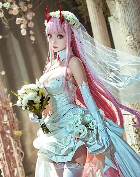 latycodon grandiflorum,1girl,breasts,horns,gloves,solo,long hair,pink hair,dress,zero two (darling in the franxx),thighhighs,flower,green eyes,wedding dress,realistic,white gloves,elbow gloves,cleavage,bouquet,white dress,red horns,oni horns,detached colla...