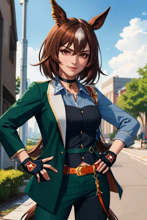 (masterpiece, best quality:1.2), solo, sirius symboli, smile, looking at viewer, hand on hip, horse ears, v-shaped eyebrows, green jacket, collared shirt, fingerless gloves, green pants, horse tail, choker, belt, outdoors <lora:umamusume_siriussymboli-10:1...