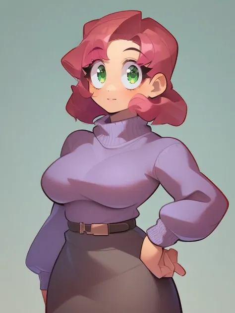 score_8_up, [:anime:0.4], portrait,  detail face,  large eyes, woman standing,  green eyes, 
medium breasts, sweater, skirt,  motherly, [:photorealism:0.5]