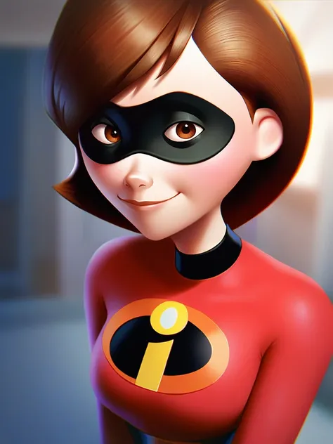 score_9, score_8_up, score_7_up, score_6_up, score_5_up, score_4_up, BREAK, source_anime, 1girl, portrait of helenparr, brown hair, brown eyes, domino mask, bodysuit, upper body, smile, looking at viewer  <lora:HelenParrXL:0.8>