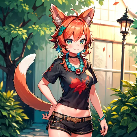 (masterpiece:1.2, best quality:1.2, highly detailed, cinematic lighting, sharp focus, perfect face, absurdres)
1girl, outdoors, smile, standing, cowboy shot, tail
leaf hair ornament, bead necklace, choker
t-shirt, black shorts
<lora:mozumipichi2s-000009:0....