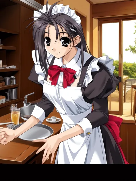 <lora:Hikawa_Naori:0.8>, HikawaNaori, 1girl, solo, long sleeves, maid,  smile, apron, dress, clipboard, holding. cafe, room,
masterpiece, high quality, very_high_resolution, large_filesize, full color,