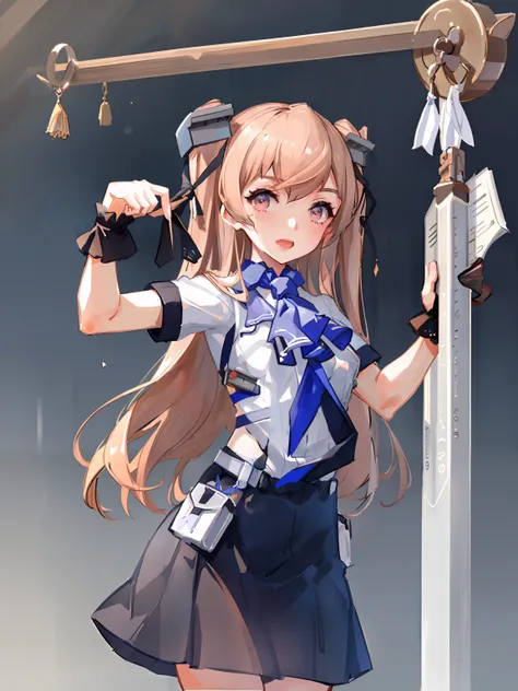 johnston 9 year (kancolle), 1girl, solo, shirt, ascot, skirt, white shirt, official alternate costume, black skirt, open mouth, blue ascot, medium breasts, breasts, teeth, short sleeves, upper teeth only, looking at viewer, ribbon, cowboy shot, holding, ne...