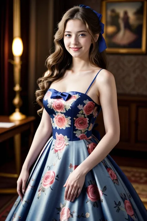 a woman in a blue dress with a blue bow and flowers