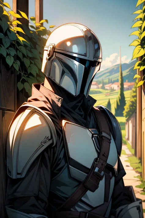 ((ultra detailed, masterpiece, absurdres))
 <lora:StarWMandalorian:0.9>
StarWMandalorian, 1boy, no face, helmet, Dreamy Tuscany Vineyard with Rows of Grapevines