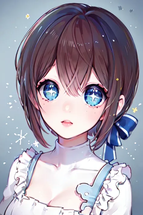 (masterpieces, best quality, 8K, 4K, highres:1.2),1girl,bangs,breasts,hair between eyes,looking at viewer,<lora:å°éºææ¢¦:0.9:lbw=MIDOUT>,((+ +)),((sparkling eyes)), blue eyes,brown hair,short hair,