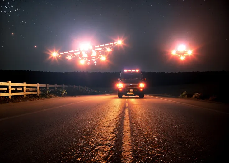 3rdkind, lens flare in the night sky, behind a truck on a road, triangle, ufo, disc,  film grain, realistic photo,  <lora:Close_Encounters_Of_The_Third_Kind-000014:0.8>