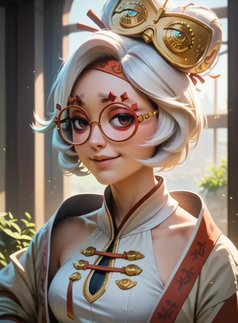 score_9,score_8_up,score_7_up,score_6_up,
purah, red-framed eyewear, hair stick, hair ornament, round eyewear, hair bun, smile, standing, detailed ,complex details, complex background, dynamic lighting, cinematic,clear focus,perfectly composed,clear,breath...