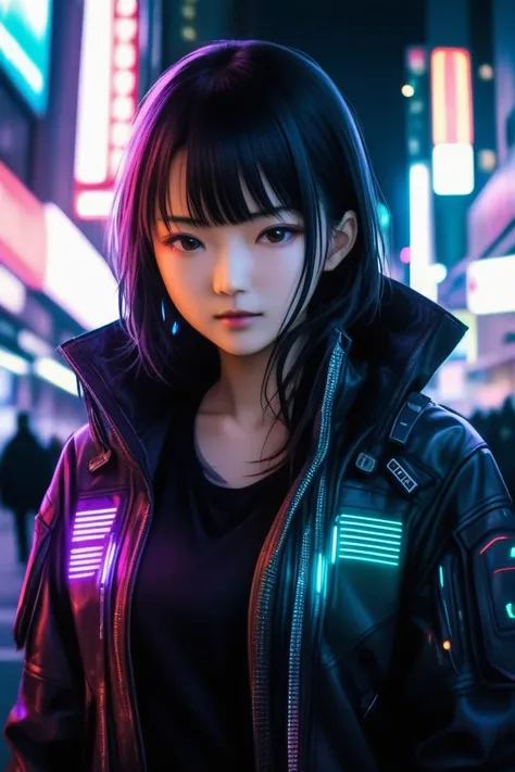 masterpiece, best quality, japanese actress, wearing cyberpunk jacket, photorealistic, upperbody, low lighting, big city, RAW PHOTOGRAPHY, attractive face, look at camera, front view