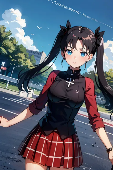 masterpiece, best quality, <lora:EPfsnRin-08:0.7>, EPfsnRin, black hair, very long hair, twintails, two side up, bow, radial balance, highway, day, arm support, clothing cutout, plaid_skirt, nerf bars, quiver (for archers), giggling