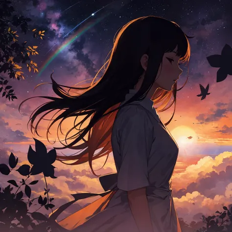 1girl, flowers, leaf, swirling mist, rainbow mist, dripping, traditional texture, (silhouette:1.3), rainbow:1.3, nebula, clouds, moon, meteor shower