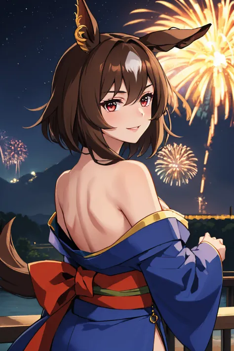 (masterpiece, best quality:1.2), solo, 1girl, sirius symboli, smile, looking back, horse ears, kimono, off shoulder, bare shoulders, fireworks <lora:umamusume_siriussymboli-10:0.9> <lora:OffShoulderKimono:0.8>