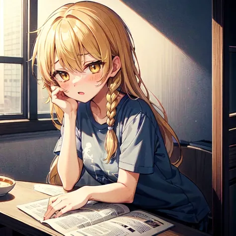 1girl kirisame-marisa blonde-hair yellow-eyes single-braid blush t-shirt casual messy-hair morning pajamas sleepy indoors