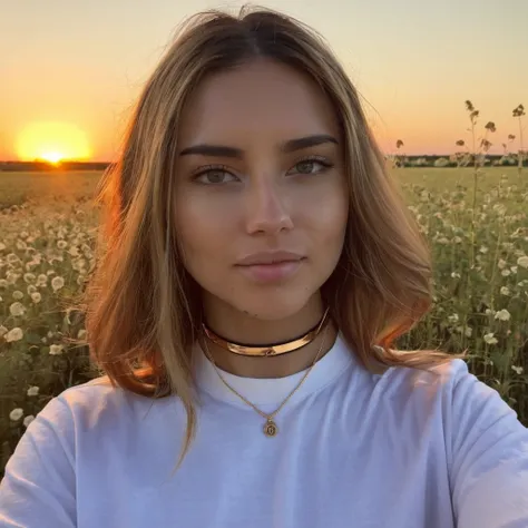 Instagram selfie of a woman wearing a choker, sunset golden hour, 4K, high res,  <lora:adlima_xl_1_standard_merge_62_88_05_05:1>, full sleeve shirt