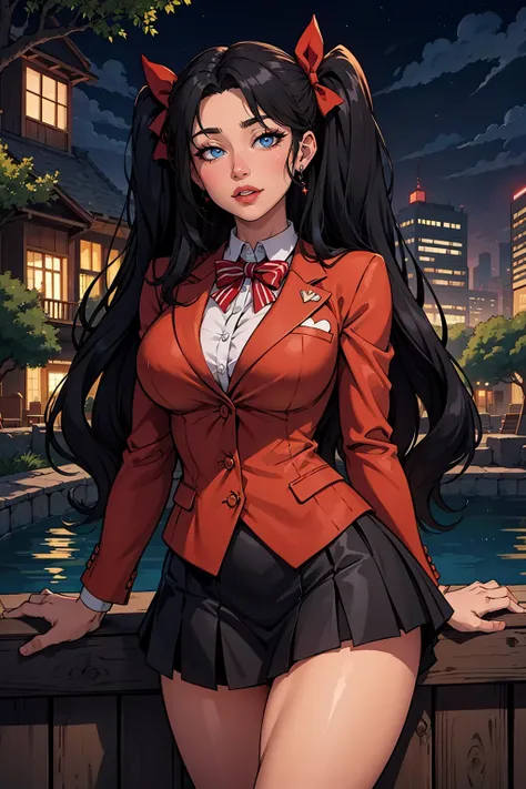 masterpiece, best quality, <lora:EPfsnRin-08:0.7>, EPfsnRin, black hair, very long hair, twintails, two side up, bow, mosaic art, treetops city, night, arm support, blazer, mini skirt, heart eyes