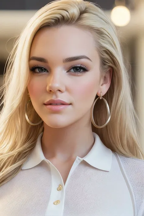 headshot of S310_KennaJames,a stylish woman,in a (mall:1.1),wearing a (polo-shirt:1.1),(4k, RAW photo, best quality, depth of field, ultra high res:1.1),(absurdres, intricate, photorealistic, masterpiece, ultra-detailed:1.1),