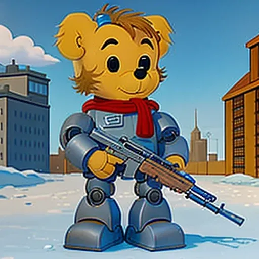 animated still of one bamse as terminator, leather jacket, ((half robot face)), ((shotgun in hand))
BREAK
gray, city