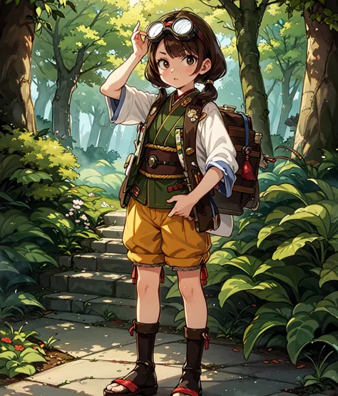 masterpiece, high res, detailed face, detailed eyes, anime screencap, 1 girl, solo, standing, brown hair, low twintails, googles on top of the head, steampunk, japanese clothes, yellow short pants, outdoors, forest, cowboy shot, full body,  <lora:Professor...