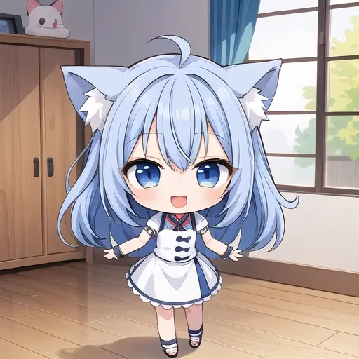 1girl, (chibi:1.4), smile, open mouth, dynamic angle, standing, animal ear, blue hair, indoors