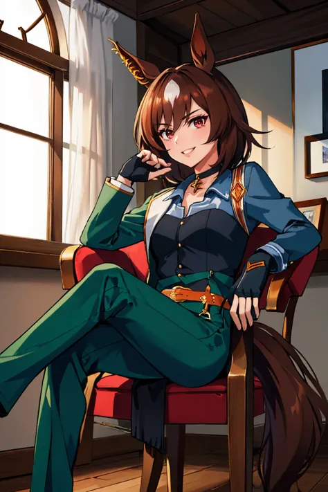 (masterpiece, best quality:1.2), solo, sirius symboli, smile, looking at viewer, sitting, crossed legs, chair, horse ears, jacket, collared shirt, fingerless gloves, green pants, horse tail, choker, belt <lora:umamusume_siriussymboli-10:1>