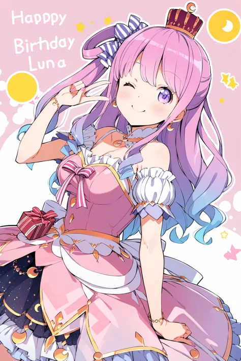 1girl, virtual youtuber, solo, one eye closed, himemori luna, crown, long hair, gift, box, jewelry, smile, dress, pink hair, purple eyes, candy hair ornament, hair ornament, food-themed hair ornament, gift box, single hair ring, earrings, looking at viewer...