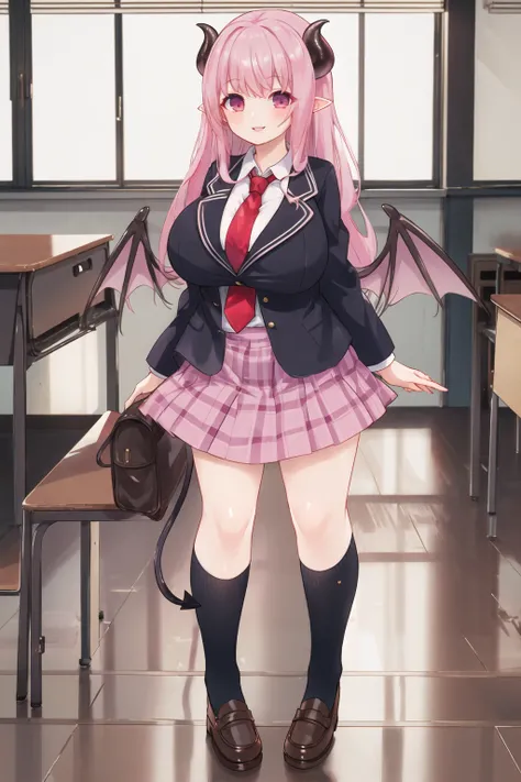 <lora:succchara2-10:0.6>, succubus, huge breasts, hair flower, school uniform, open jacket, blazer, mary janes, loafers, black socks, red necktie, necktie between breasts, plaid skirt, pink skirt, smile, lips, indoors, classroom