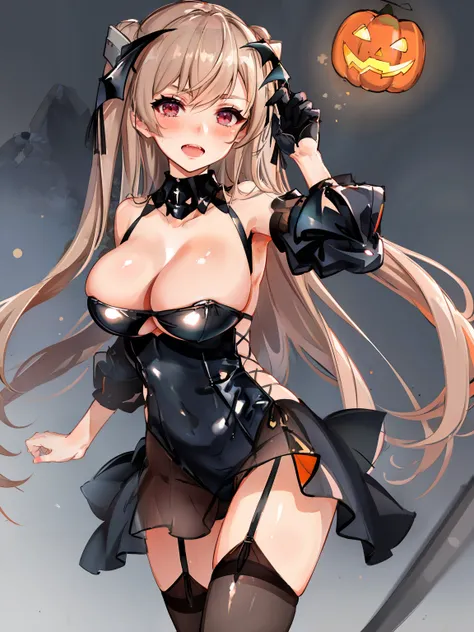 johnston halloween (kancolle), 1girl, breasts, solo, single glove, gloves, official alternate costume, open mouth, dress, vampire costume, large breasts, black gloves, black dress, fangs, garter straps, thighhighs, red eyes, cleavage, black thighhighs, vam...