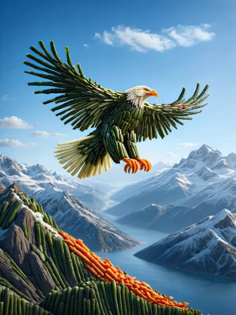 A majestic ais-dipperz eagle soaring above a mountain range, wings spread wide <lora:Dippers_Style_SDXL:1>