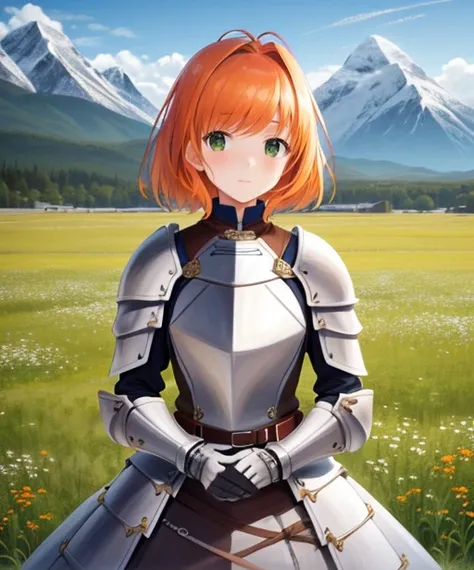 portrait, (adult woman), (1girl, solo), (looking at viewer), ((knight, armor, skirt)), freckles, (orange hair, medium hair), (green eyes), ((field, mountains)), (best quality, high detail), ((masterpiece)),  <lora:1_kimishimaao_10 e:1>