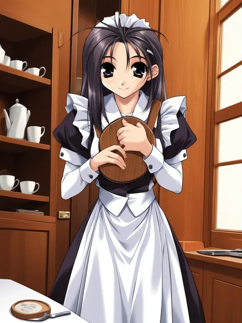 <lora:Hikawa_Naori:0.8>, HikawaNaori, 1girl, solo, long sleeves, maid,  smile, apron, dress, clipboard, holding. cafe, room,
masterpiece, high quality, very_high_resolution, large_filesize, full color,