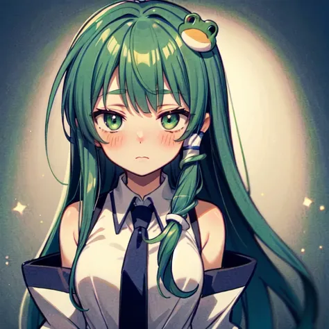 1girl solo hair-ornament green-hair long-hair frog-hair-ornament green-eyes detached-sleeves snake-hair-ornament looking-at-viewer upper-body blush necktie closed-mouth kochiya-sanae