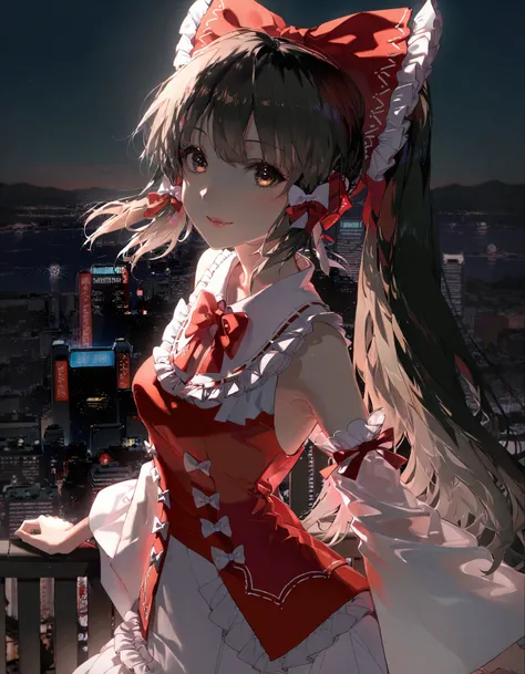 detailed, aesthetic, beautiful, beautiful color, amazing quality, best quality, 1girl, hakurei reimu, solo, hair bow, red bow, bare shoulders, bangs, brown eyes, hair tubes, frilled bow, medium hair, frilled ascot, red ascot, <lora:Rella:1>, railing, night...