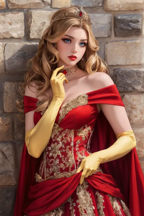 woman,   Adult,  looking at viewer,  (portrait photo:1.3), (long blonde loose waves Hair:1.1), b34uty_g0wn_1, long red gown, puffy underskirt, gold elbow gloves, choker, tiara, <lora:b34uty_g0wn_1:0.6>, best quality, high detail, high quality, high res, 4k...