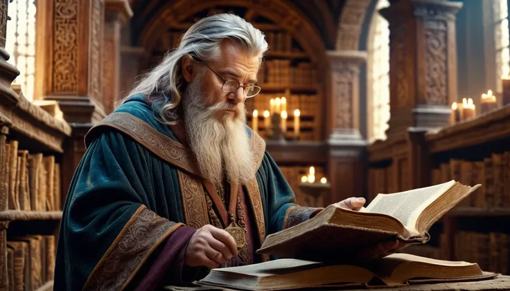 a grizzled wizard in an ornate robe, reading over an ancient dusty tome filled with magical runes in a old ancient library, 4k, hyper detailed, masterpiece, sharp focus on face, detailed textured skin, perfect eyes, bokeh