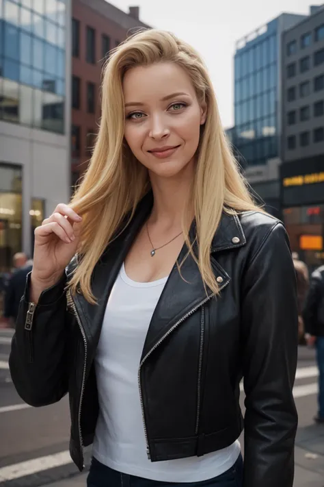 <lora:mondongo_LoRA_LisaKudrow_v2:1> mndngwmn, blond hair, (ultra realistic, 8k,high quality),(medium shot), wearing a leather jacket, on a city downtown