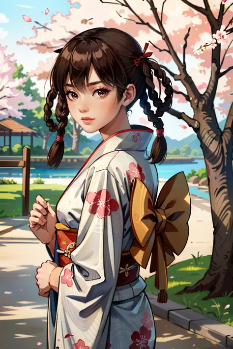 ((ultra detailed, masterpiece, absurdres))
<lora:DOALeiFang:0.9>
DOALeiFang, 1girl, brown hair, brown eyes, twin braids, hair rings, in a traditional kimono, surrounded by cherry blossoms