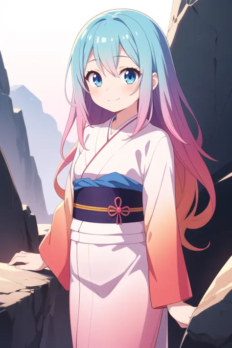 masterpiece, best quality, ultra detailed, anime style, 1girl, young, cute, long hair, blue hair, pink hair, (gradient hair:1.35), white kimono, warm, rocky place, beautiful face, happy, cowboy shot,