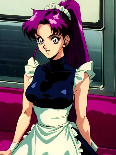 <lora:marika_kusaka_2024_2_3:1>marika_kusaka,1girl, solo, breasts, ponytail, long hair, purple hair,medium breasts, maid, in a train, 1990s (style),etro artstyle,