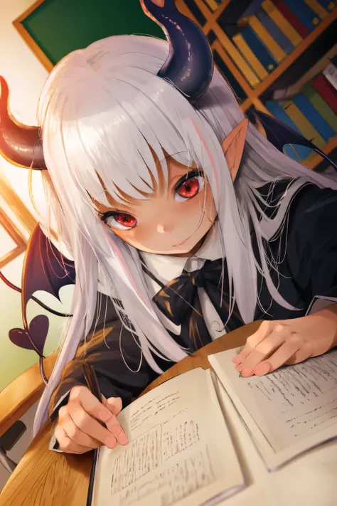 1girl, by fumihiko, fumihiko, 1girl, demon tail, demon wings, horns, long hair, pointy ears, red eyes, tail, white hair, wings, artist name, blurry, blurry background, book, chair, chalkboard, classroom, day, depth of field, desk, dutch angle, indoors, ope...