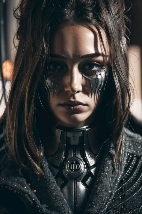 concept art cinematic film still insanely detailed photograph, Horror-themed a half machine half female cyborg, (8k, RAW photo, highest quality), hyperrealistic, intricate abstract, intricate artwork, abstract style, hauntingly, [satan | hell:17], dark and...